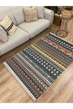 Cotton Kilim 24 Çok Renkli Geleneksel Motif Çizgili Desenli Dekoratif Yıkanabilen Dokuma Taban Kilim