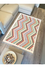 Cotton Kilim 28 Çok Renkli Geleneksel Motif Çizgili Desenli Dekoratif Yıkanabilen Dokuma Taban Kilim