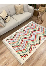 Cotton Kilim 28 Çok Renkli Geleneksel Motif Çizgili Desenli Dekoratif Yıkanabilen Dokuma Taban Kilim