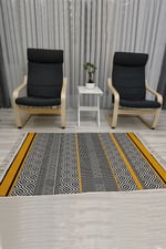 Cotton Kilim 3004 Sarı Siyah Geometrik Desenli Dekoratif Dokuma Taban Kilim
