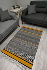 Cotton Kilim 3004 Sarı Siyah Geometrik Desenli Dekoratif Dokuma Taban Kilim