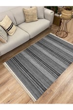 Cotton Kilim 3044 Siyah Gri Tonlarında Örgü Eskitme Desenli Dekoratif Dokuma Taban Kilim