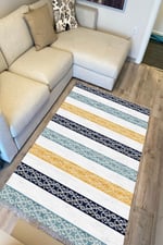 Cotton Kilim 36 Mavi Renklı Modern Desenli Dekoratif Yıkanabilen Dokuma Taban Kilim