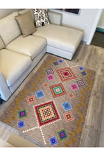 COTTON KİLİM 3668 Bej Tonlarında İskandinav Desenli Dekoratif Kilim