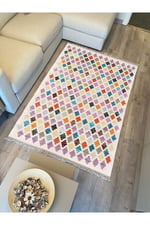 Cotton Kilim 43 Krem Üzerine Geometrik Modern Dekoratif Yıkanabilen Dokuma Kilim