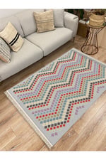 Cotton Kilim 45 Gri Zeminli Geneleksel Motifler Modern Dekoratif Yıkanabilen Dokuma T Kilim