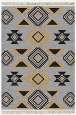 Cotton Kilim 49 Gri Zeminli Geneleksel Motifler Modern Dekoratif Yıkanabilen Dokuma Kilim