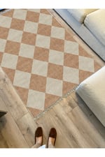 Cotton Kilim 5 Hardal Krem Tonunda Geometrik Desenli Dekoratif Yıkanabilen Dokuma Taban Kilim
