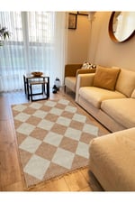 Cotton Kilim 5 Hardal Krem Tonunda Geometrik Desenli Dekoratif Yıkanabilen Dokuma Taban Kilim