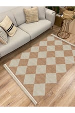 Cotton Kilim 5 Hardal Krem Tonunda Geometrik Desenli Dekoratif Yıkanabilen Dokuma Taban Kilim