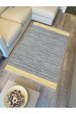 Cotton Kilim 50 Gri Hardal Zeminli Geneleksel Motifler Modern Dekoratif Yıkanabilen Dokuma Kilim
