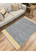 Cotton Kilim 50 Gri Hardal Zeminli Geneleksel Motifler Modern Dekoratif Yıkanabilen Dokuma Kilim