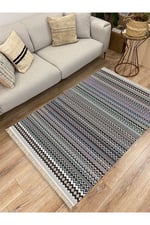 Cotton Kilim 56 Gri Desenli Geleneksel Motifler Modern Dekoratif Saçaklı Yıkanabilen Dokuma Kilim