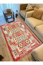 Cotton Kilim 57 Turuncu Geleneksel Motifler Modern Dekoratif Saçaklı Yıkanabilen Dokuma Kilim
