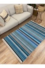 Cotton Kilim 6 Mavi Tonunda Geometrik Desenli Dekoratif Yıkanabilen Dokuma Taban Kilim