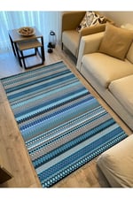 Cotton Kilim 6 Mavi Tonunda Geometrik Desenli Dekoratif Yıkanabilen Dokuma Taban Kilim