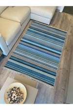 Cotton Kilim 6 Mavi Tonunda Geometrik Desenli Dekoratif Yıkanabilen Dokuma Taban Kilim
