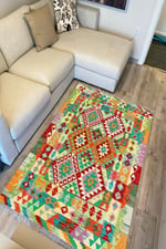 Cotton Kilim 64 Yeşil Geleneksel Motifler Modern Dekoratif Saçaklı Yıkanabilen Dokuma Kilim