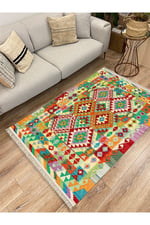 Cotton Kilim 64 Yeşil Geleneksel Motifler Modern Dekoratif Saçaklı Yıkanabilen Dokuma Kilim