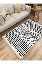 Cotton Kilim 65 Siyah Iskandinav Motifler Modern Dekoratif Saçaklı Yıkanabilen Dokuma Kilim