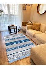 Cotton Kilim 78 Mavi ve beyaz Tonlarında Etnik Bohem Stil Pamuk Taban