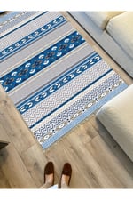 Cotton Kilim 78 Mavi ve beyaz Tonlarında Etnik Bohem Stil Pamuk Taban