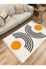 Cotton kilim Krem Tonunda Geometrik Desenli Dekoratif Yıkanabilen Dokuma Taban Kilim
