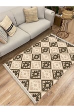 Cotton Kilim48 Jut Zeminli Geneleksel Motifler Modern Dekoratif Yıkanabilen Dokuma Kilim