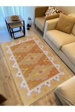 Cotton Kilim59 Jut Geleneksel Motifler Modern Dekoratif Saçaklı Yıkanabilen Dokuma Kilim