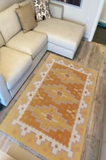Cotton Kilim59 Jut Geleneksel Motifler Modern Dekoratif Saçaklı Yıkanabilen Dokuma Kilim