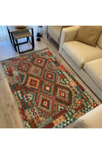 Cotton Serisi Açık Mavi Tonunda Baklavalı Geometrik Desen Dekoratif Dokuma Taban Kilim