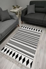 Cotton Serisi Beyaz Siyah Iskandinav Eskitme Desenli Dekoratif Dokuma Taban Kilim