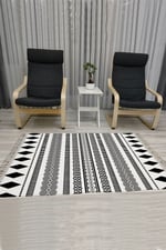 Cotton Serisi Beyaz Siyah Iskandinav Eskitme Desenli Dekoratif Dokuma Taban Kilim