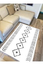 Cotton Serisi Beyaz Siyah Naturel Orta Çağ Desen Dekoratif Dokuma Taban Kilim
