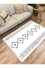 Cotton Serisi Beyaz Siyah Naturel Orta Çağ Desen Dekoratif Dokuma Taban Kilim