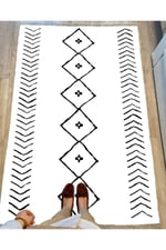 Cotton Serisi Beyaz Siyah Naturel Orta Çağ Desen Dekoratif Dokuma Taban Kilim