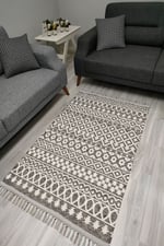 Cotton Serisi Beyaz Ve Gri Tonlarında Eskitme Otantik Etnik Desenli Dekoratif Dokuma Taban Kilim