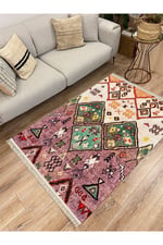 Cotton Serisi Eski Çağ Motifli Baklava Eskitme Otantik Desen Dekoratif Dokuma Taban Kilim
