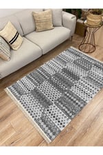 Cotton Serisi Gri Tonlarında Geometrik Eskitme Desen Dekoratif Dokuma Taban Kilim