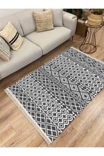 Cotton Serisi Gri Tonlarında Geometrik Çıtır Desen Dekoratif Dokuma Taban Kilim
