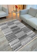 Cotton Serisi Gri Tonlarında Geometrik Eskitme Desen Dekoratif Dokuma Taban Kilim