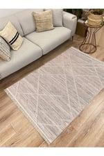 Cotton Serisi Gri Tonlarında Hasır Çizgileri Eskitme Desen Dekoratif Dokuma Taban Kilim