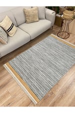 Cotton Serisi Hardal Gri Tonlarında Örgü Görümlü Otantik Dekoratif Dokuma Taban Kilim