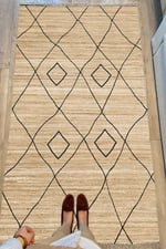 Cotton Serisi Hasır Görümülü Siyah Baklava Eskitme Otantik Desenli Dekoratif Dokuma Taban Kilim