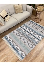 Cotton Serisi Hasır Görünümlü Gri Tonlarında Eskitme Etnik Desen Dekoratif Dokuma Taban Kilim