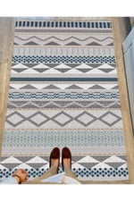Cotton Serisi Hasır Görünümlü Gri Tonlarında Eskitme Etnik Desen Dekoratif Dokuma Taban Kilim