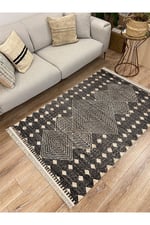 Cotton Serisi Hasır Görünümlü Iç Içe Kareler Eskitme Etnik Desen Dekoratif Dokuma Taban Kilim