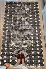 Cotton Serisi Hasır Görünümlü Iç Içe Kareler Eskitme Etnik Desen Dekoratif Dokuma Taban Kilim