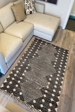 Cotton Serisi Hasır Görünümlü Iç Içe Kareler Eskitme Etnik Desen Dekoratif Dokuma Taban Kilim