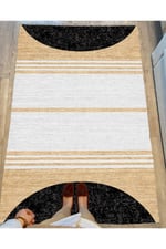 Cotton Serisi Hasır Görünümlü Siyah Beyaz Modern Desen Dekoratif Dokuma Taban Kilim